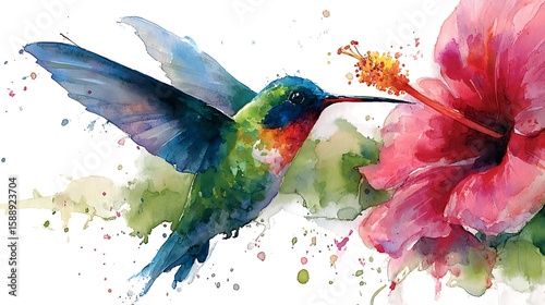 Fototapeta Naklejka Na Ścianę i Meble -  Vibrant watercolor hummingbird drinks nectar from a bright pink hibiscus flower