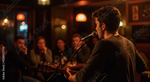 Open Mic Night. Live music performance in cozy pub with young guitarist singing on stage in ambient light. Bar Night, World Music Day, International Artist Day, Make Music Day, Friendship Day