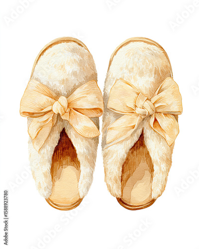 fluffy white slippers with bow watercolor illustration on white