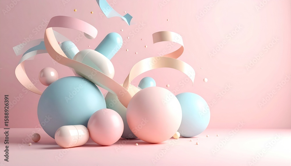 Fototapeta premium Abstract Composition Of Pastel Spheres Ribbons And Soft Colors Against A Pink Background