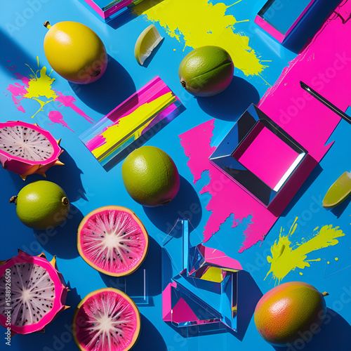 Bold Flat-Lay of Tropical Fruits and Neon Props on Cobalt Blue Background