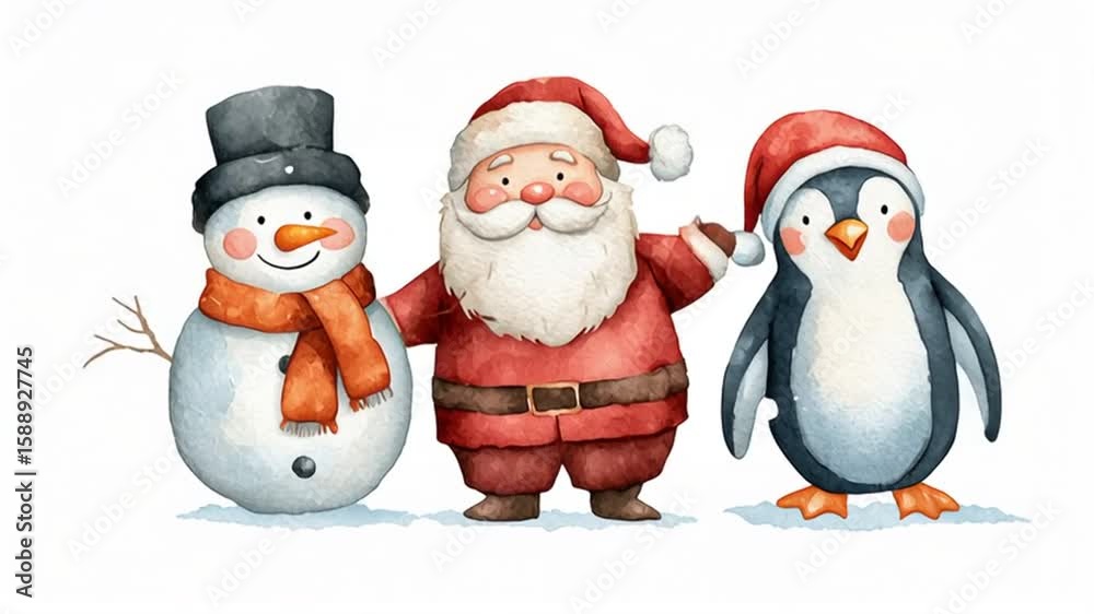 Adorables personajes , Papá Noel, un pinguino y muñerco de nieve navideños de acuarela , bailando y cnatando sobre fondo blanco. Conepto celebraciones navideñas