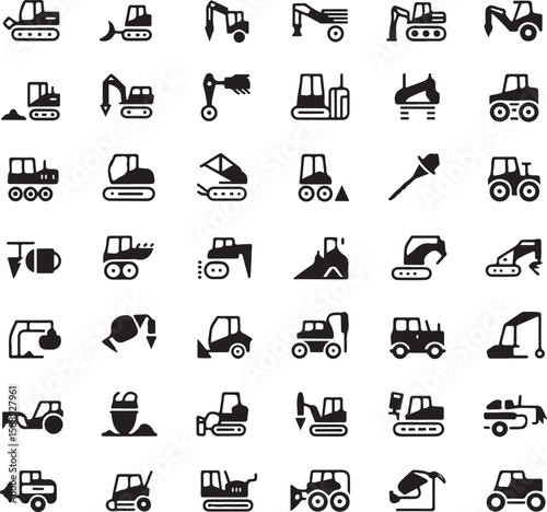 Assorted Construction Vehicles and Machinery Icons Representing a Variety of Earthmoving and Building Equipment in Simple Black Silhouettes