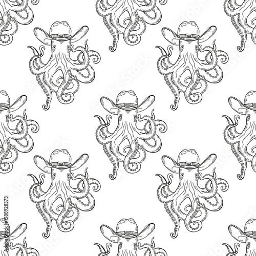 Coastal cowgirl seamless pattern featuring line art of a whimsical octopus wearing a cowboy hat and nautical accessories, capturing a playful blend of western and coastal themes