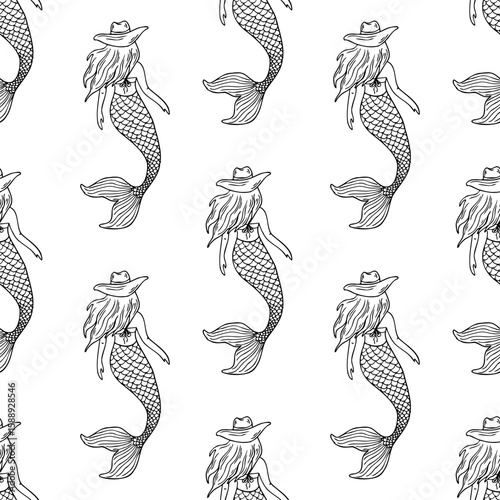 Coastal cowgirl seamless pattern line art featuring a whimsical blend of mermaids in hats with nautical themes, ideal for artistic designs and summer vibes