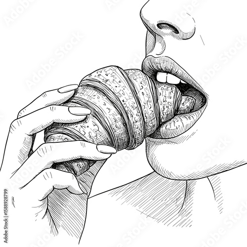 Vintage ink sketch of a woman elegantly eating a croissant, close-up view – a hand drawn black and white vector doodle illustration, engraving or woodcut svg

