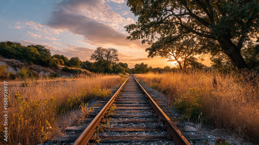 Fototapeta premium Golden Hour Rails: Sunset Railroad Track