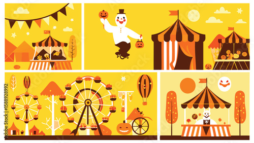 Illustration of a halloween carnival featuring tents, a ghost, a ferris wheel, and pumpkins in a yellow theme