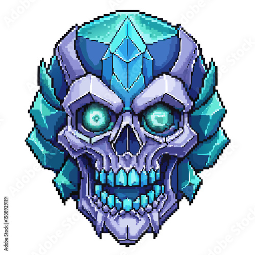 Futuristic Pixel Art Skull with Shimmering Crystalline Features