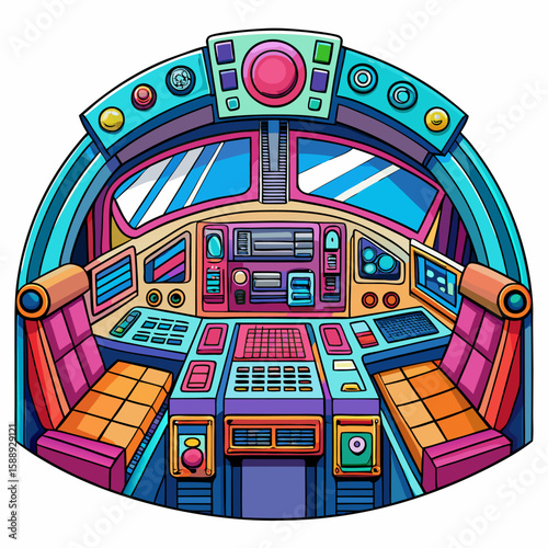 Futuristic Spacecraft Cockpit with Vibrant Colors and Advanced Control Panels