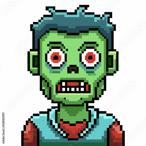 Pixel Art Zombie Character with Blue Hair and Frightening Expression