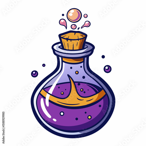 Colorful Magic Potion Bottle with Cork Stopper and Bubbling Liquid