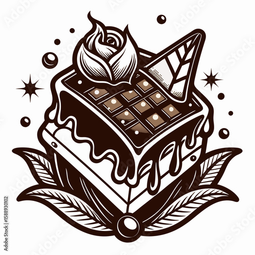 Intricate chocolate dessert illustration with floral and geometric elements in black and white style