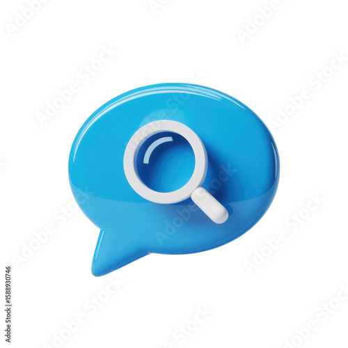 Blue speech bubble icon with a magnifying glass symbol isolated on transparent background