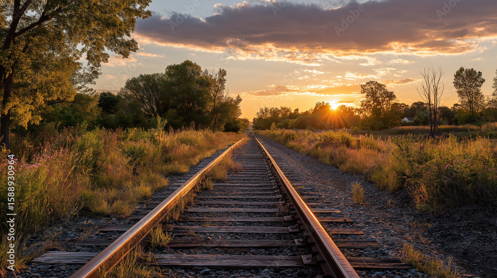 Obraz premium Sunset Railroad Tracks: Golden Hour Journey