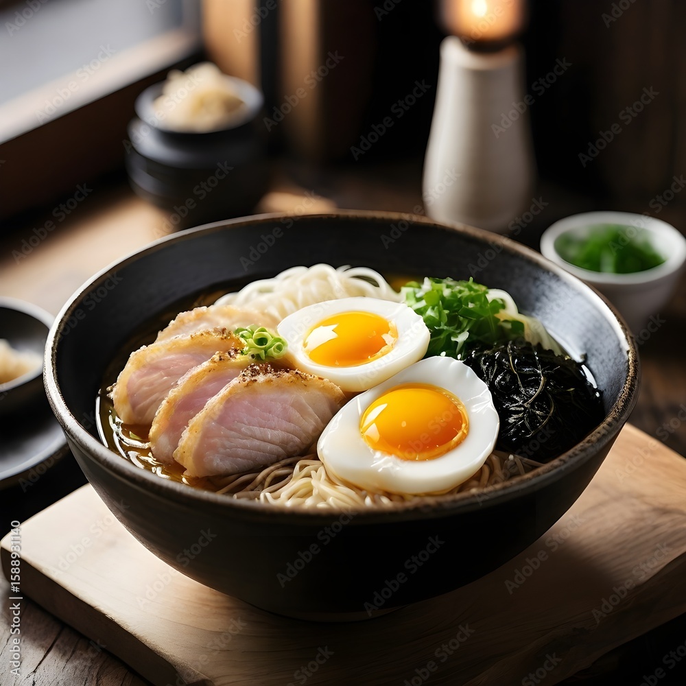 Japanese specialty, a delicious bowl of warm ramen Japanese specialty, a delicious bowl of warm ramen