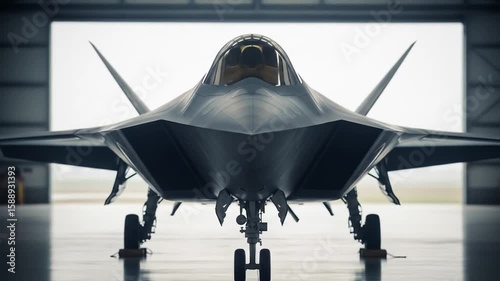 Modern military aircraft in hangar interior high angle full shot