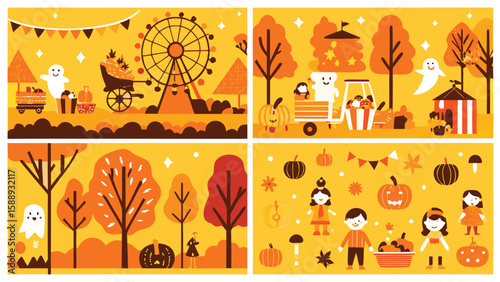 Four panels depicting fall festival scenes with ghosts, pumpkins, trees, and children in a yellow theme