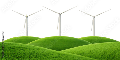 White wind turbines on green rolling hills image