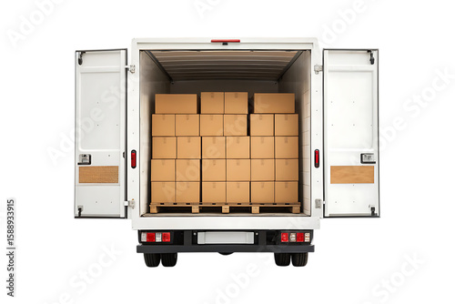 White delivery truck loaded with stacked cardboard boxes open rear