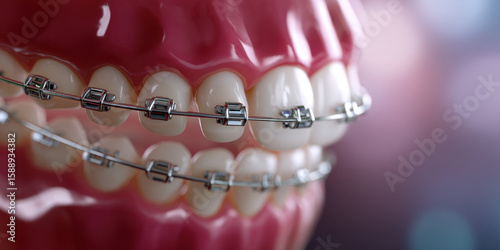 Close up of dental braces on teeth with metal brackets and wires showing orthodontic treatment