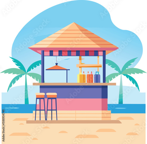 flat vector beach bar hut on shore with pastel beach colors,