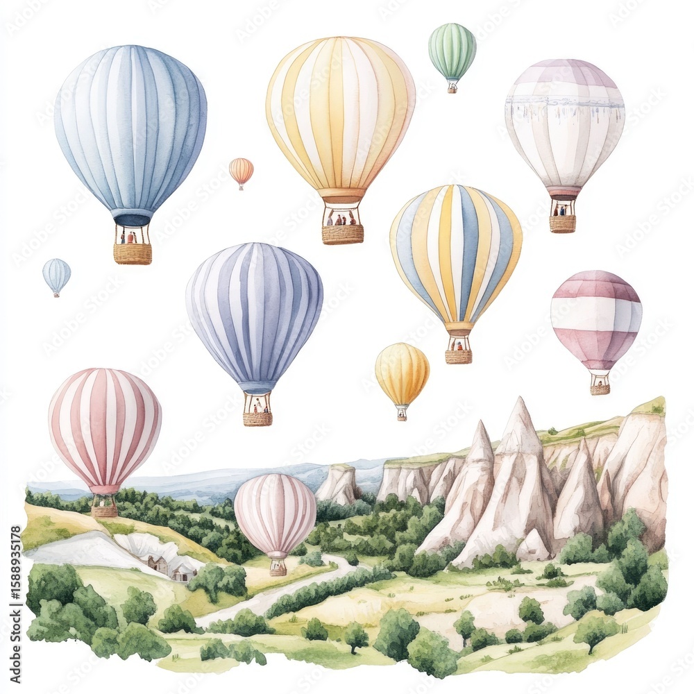 Obraz premium A vivid watercolor showcasing the enchanting scene of a colorful hot air balloon festival set against the breathtaking landscapes of Cappadocia