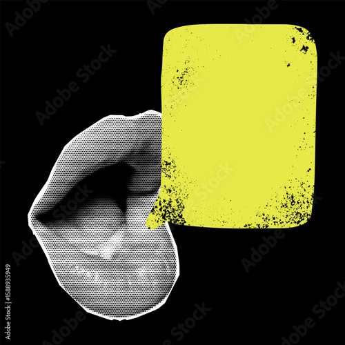 Vintage-inspired collage with female lips rendered in a halftone effect. A textured speech bubble enhances the retro aesthetic, adding a creative touch.