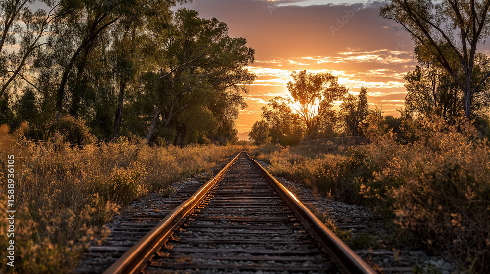 Obraz premium Golden Sunset Railway: Journey to the Horizon