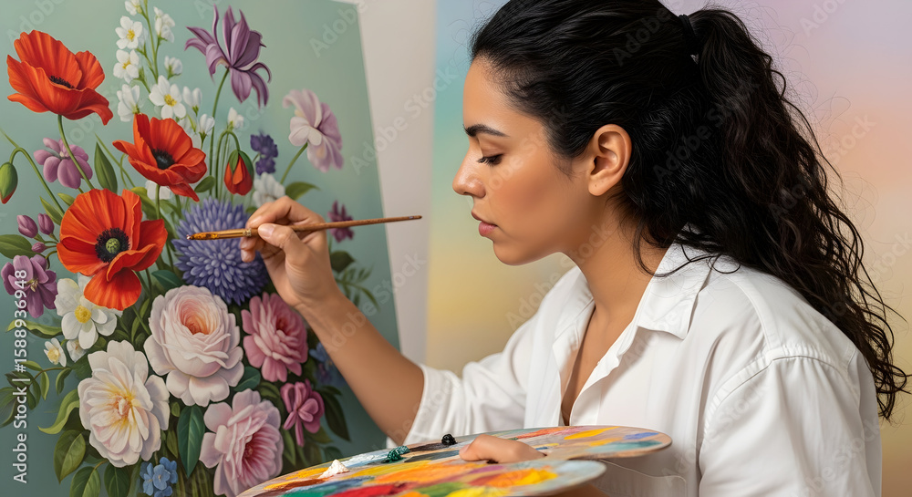 Fototapeta premium Young woman artist painting a beautiful floral bouquet on canvas with oil paints.