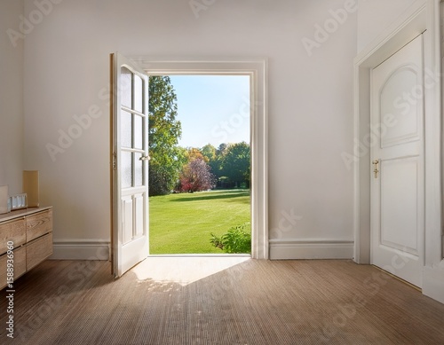 bright airy room with open door