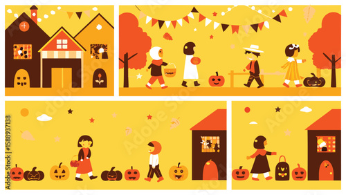 A collage of halloween scenes with children trick or treating and houses decorated for the holiday