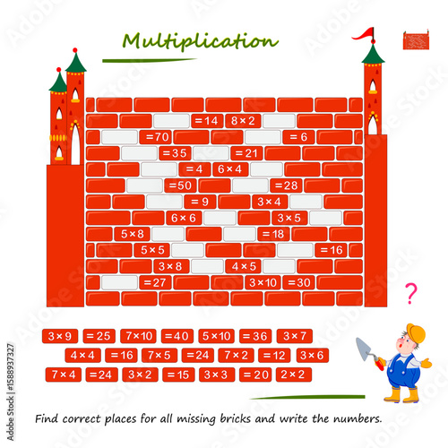 Help the worker learn multiplication table. Find correct places for all missing bricks and write the numbers. Logic puzzle game. Math education for children. Educational page for kids. Flat vector.
