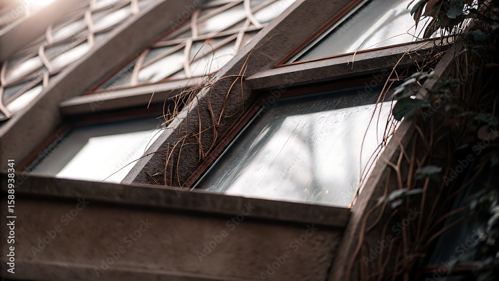 Fototapeta premium Antique window with climbing ivy adds character to this aging structure with muted colors and detailed stonework.