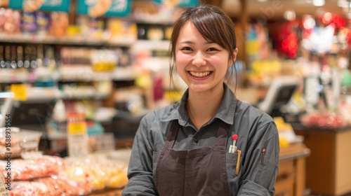 スーパーマーケットのレジで微笑む女性店員