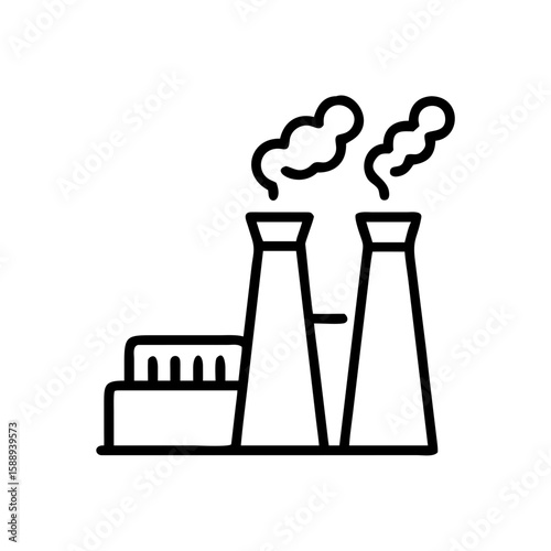 Factory with chimneys and smoke for industrial production, minimalistic black line drawing