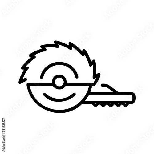 Circular saw with wood shavings for carpentry and woodworking, minimalistic black line drawing
