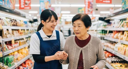 スーパーで高齢の女性の腕を支え、買い物を手伝う女性店員