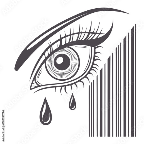 Detailed eye with tears and barcode design in black and white artistic illustration style artwork