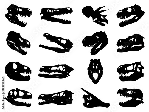 Set of Dinosaur Skull Silhouette in various poses isolated on white background