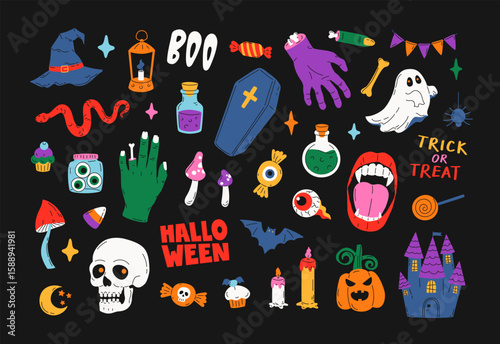 Colorful set of Halloween elements. Cartoon pumpkin, skull, coffin, bat, bone, vampire and etc. Hand drawn flat illustration. Trendy vintage items for card, scrapbooking, stickers, print, invitation