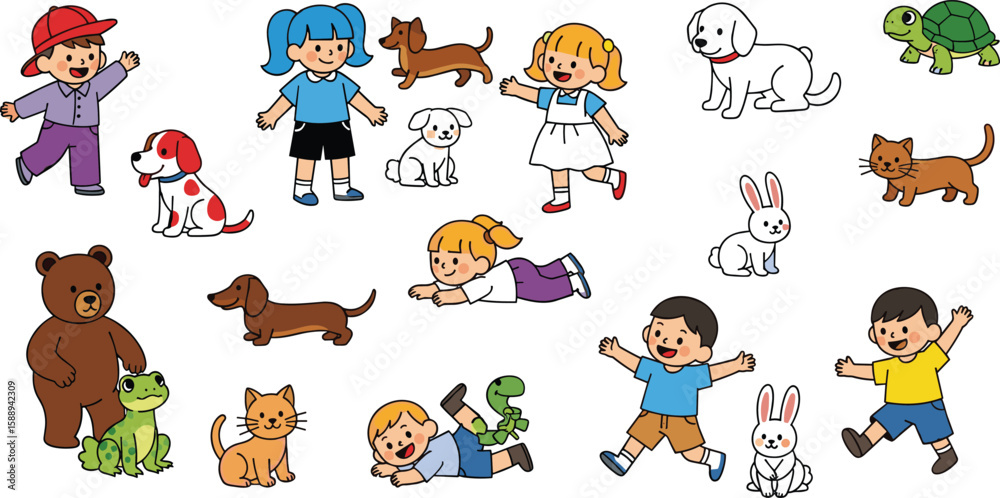 Obraz premium Cartoon Children Playing with Pets, Dogs, Cats, Rabbits, Bear, Turtle, Happy Kids Activity, Animal Friendship, Educational Fun Art