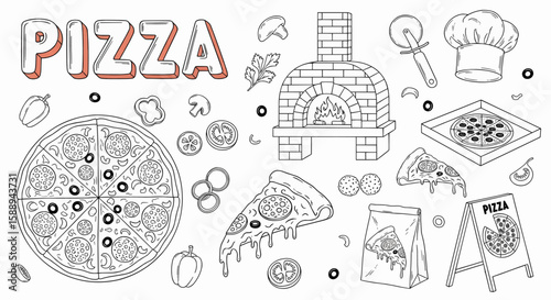 Doodle art featuring pizza  pizza preparation icons with oven, pizza, and pizza slice in sketch style.