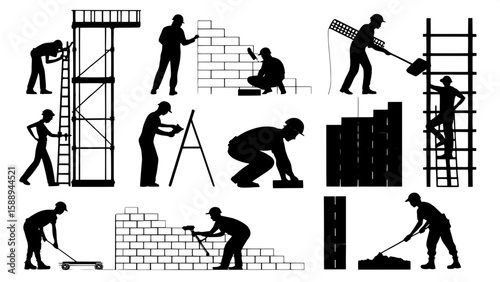 A collection of black silhouettes showing stages of building construction.
Figures are engaged in tasks like laying bricks, installing beams, welding, pouring concrete, and using measuring tape. The i