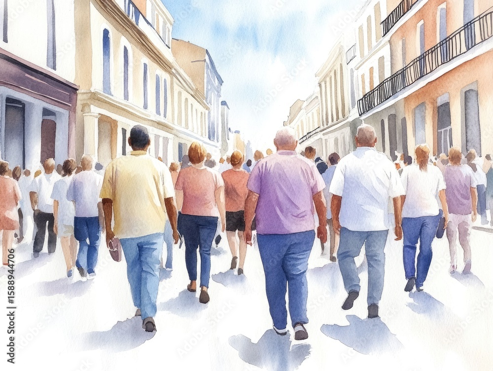 Obraz premium Vibrant watercolor depiction of a lively street parade in New Orleans featuring soft gradients blending into a harmonious color palette intricate details and a dreamy