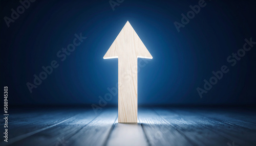 Glowing white arrow rise up on dark blue background. Investment, business growth.