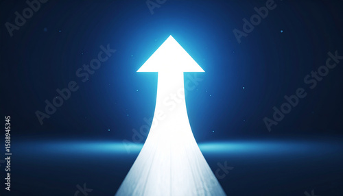 Fototapeta Naklejka Na Ścianę i Meble -  Glowing white arrow rise up on dark blue background. Investment, business growth.