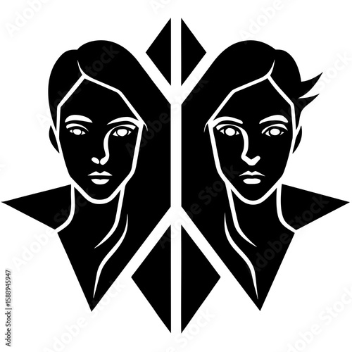 Black and white abstract illustration of two female faces symmetrical design geometric lines graphic
