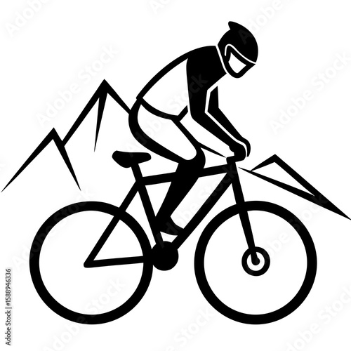 Black and White Sketch of Mountain Biker on Bicycle in Mountain Setting mountain biking cyclist