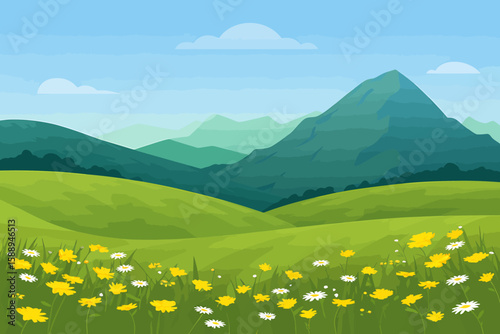 A vibrant summer mountain landscape unfolds under a blue sky, featuring green meadows and distant peaks